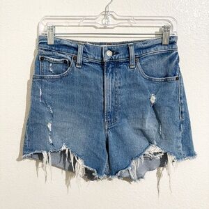 Abercrombie & Fitch High Rise‎ 4” Mom Denim Shorts in Medium Indigo Blue Destroy